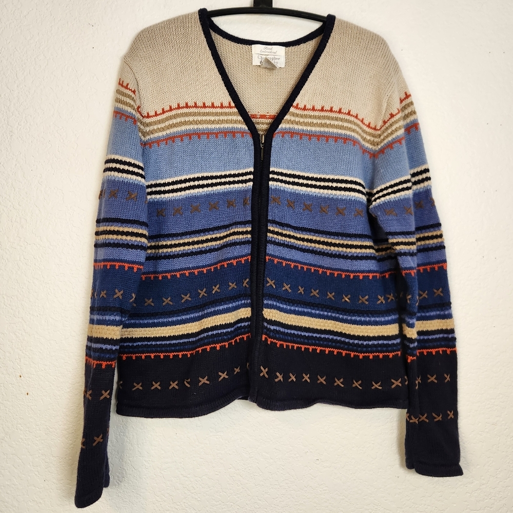 Vintage Christopher & Banks Raggety Ann Cabin Striped Zip Cardigan, Size M